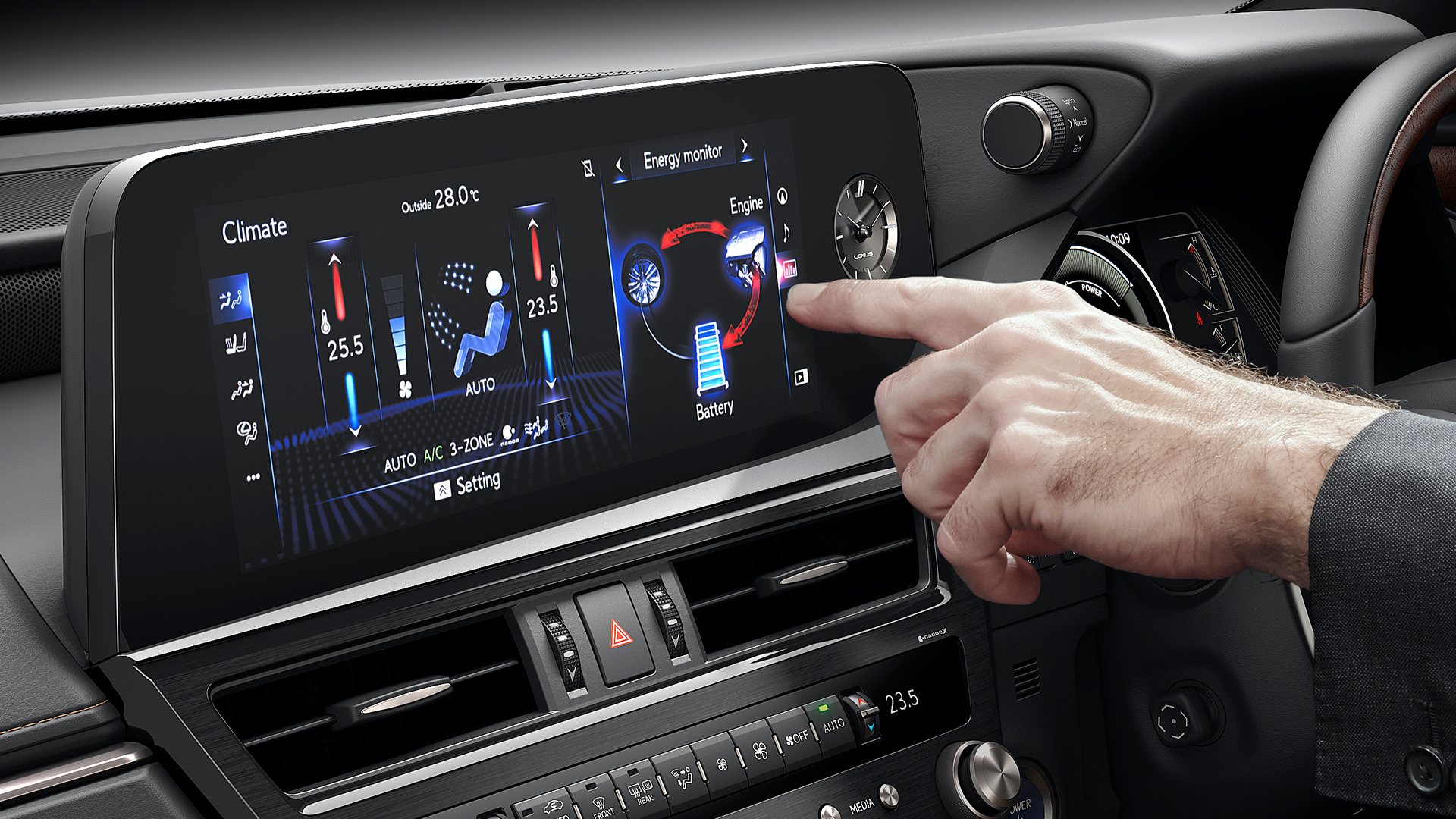 A man's hand reaches for the 12.3-inch widescreen in the ES