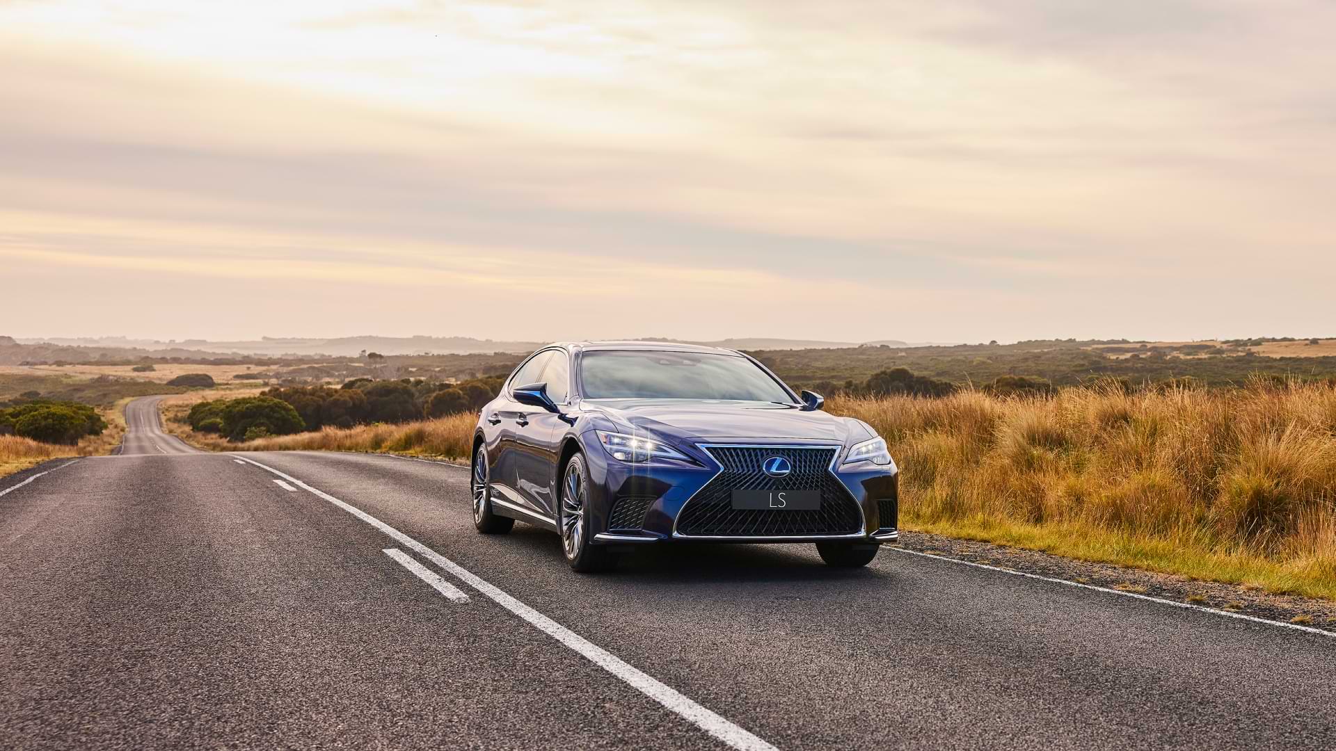 A 2021 Lexus LS drives along a coastal road. Shrubbery adorns the side of the road. The sky is cloudy.