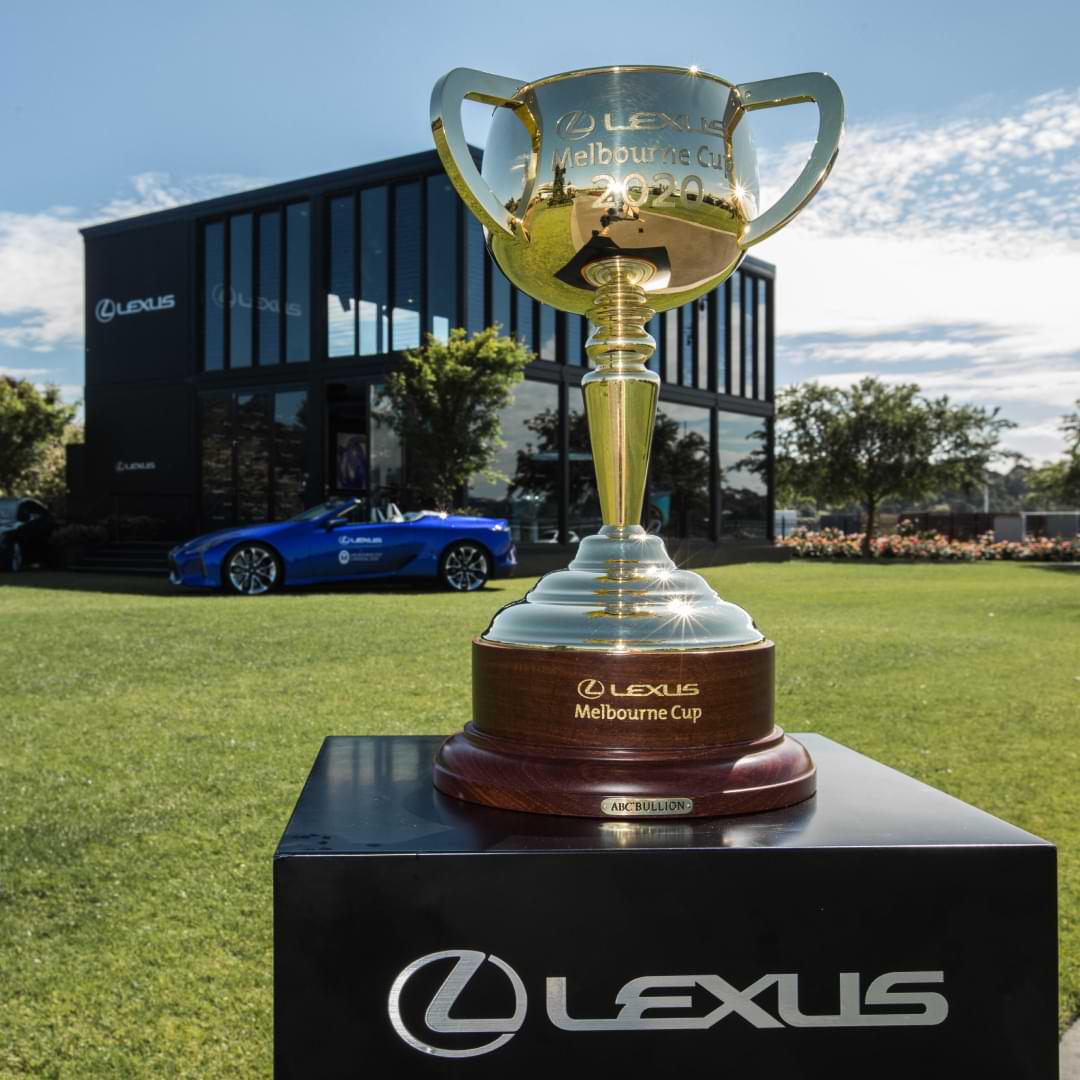 The 2020 Melbourne Cup on a pedestal outside the Landmark by Lexus tent