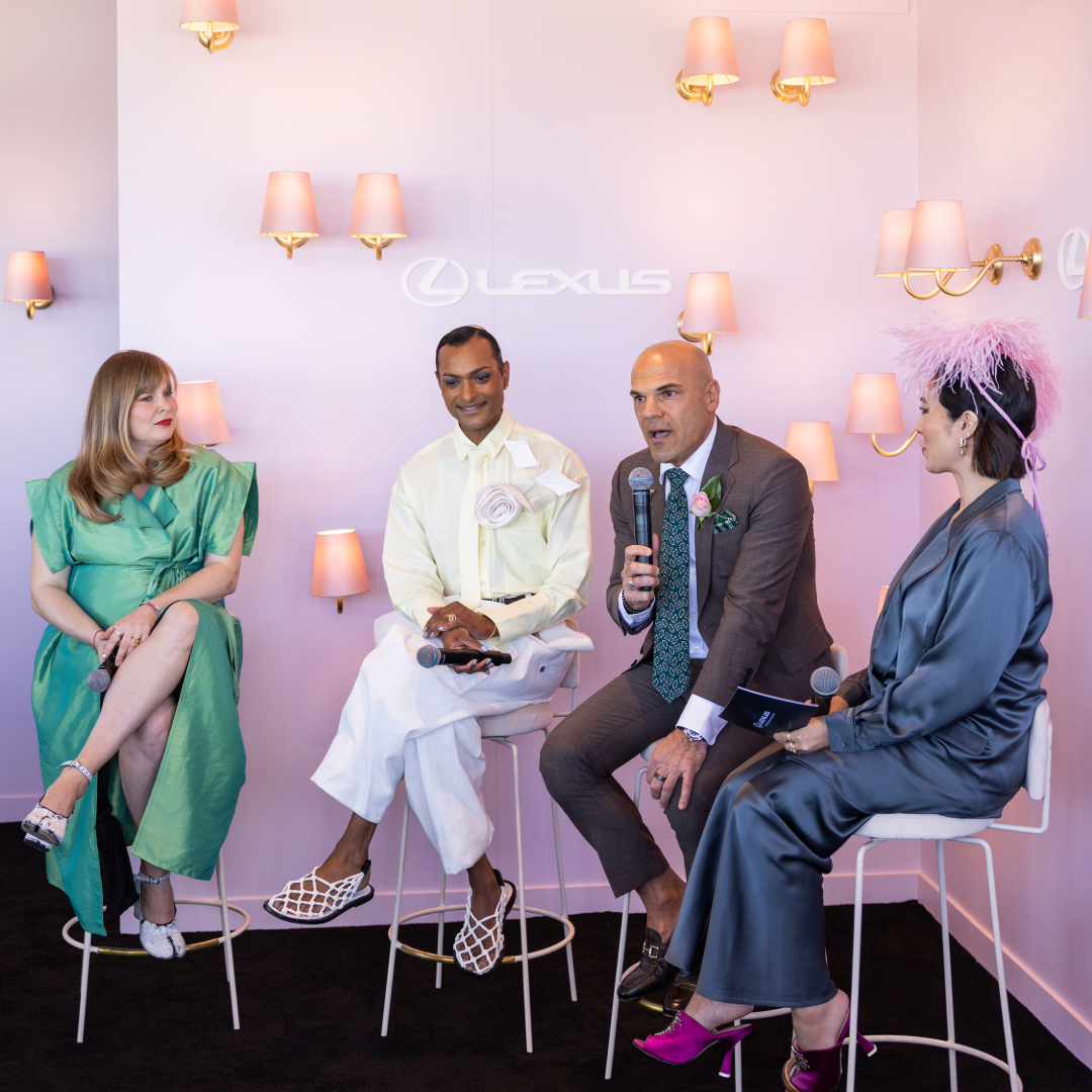 Panelists sit on stools at Lexus Oaks Day Design Conversation and Luncheon