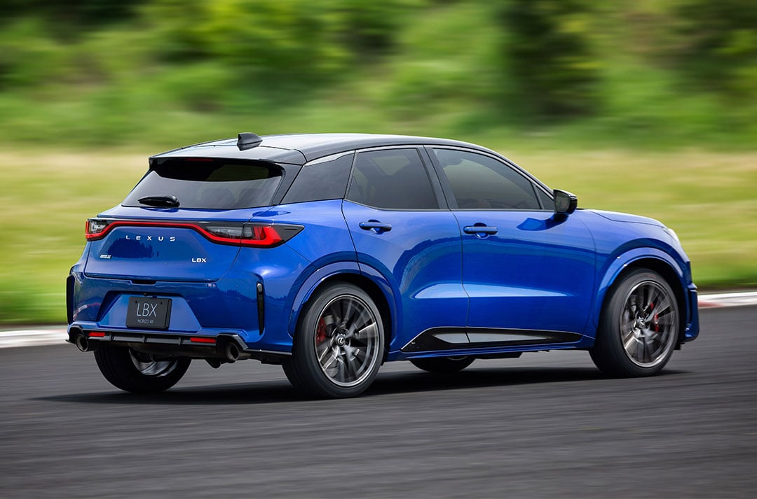 A blue Lexus LBX Morizo RR drives along a driving track