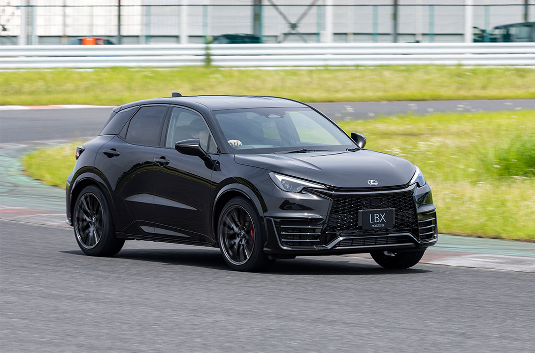 A black Lexus LBX Morizo RR drives along a driving track