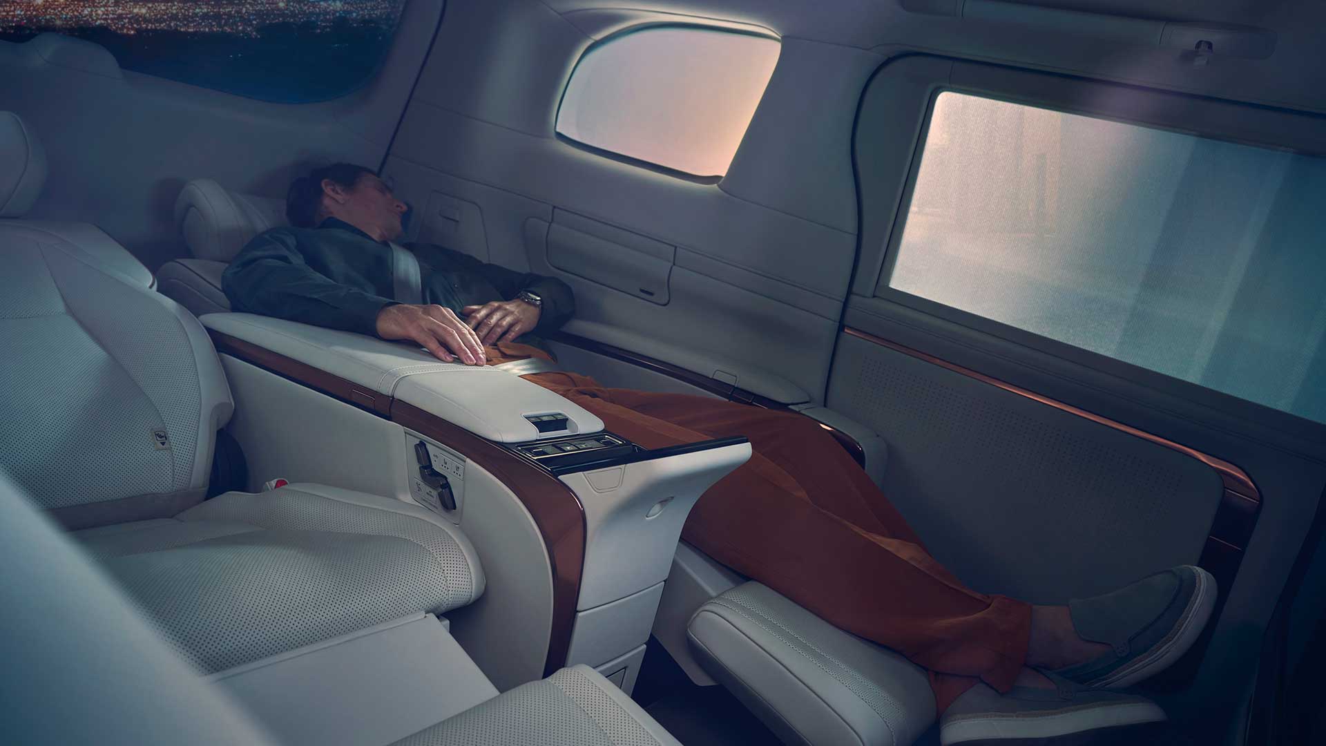 The interior of the Lexus LM 500h, demonstrating the full reclined back seat feature
