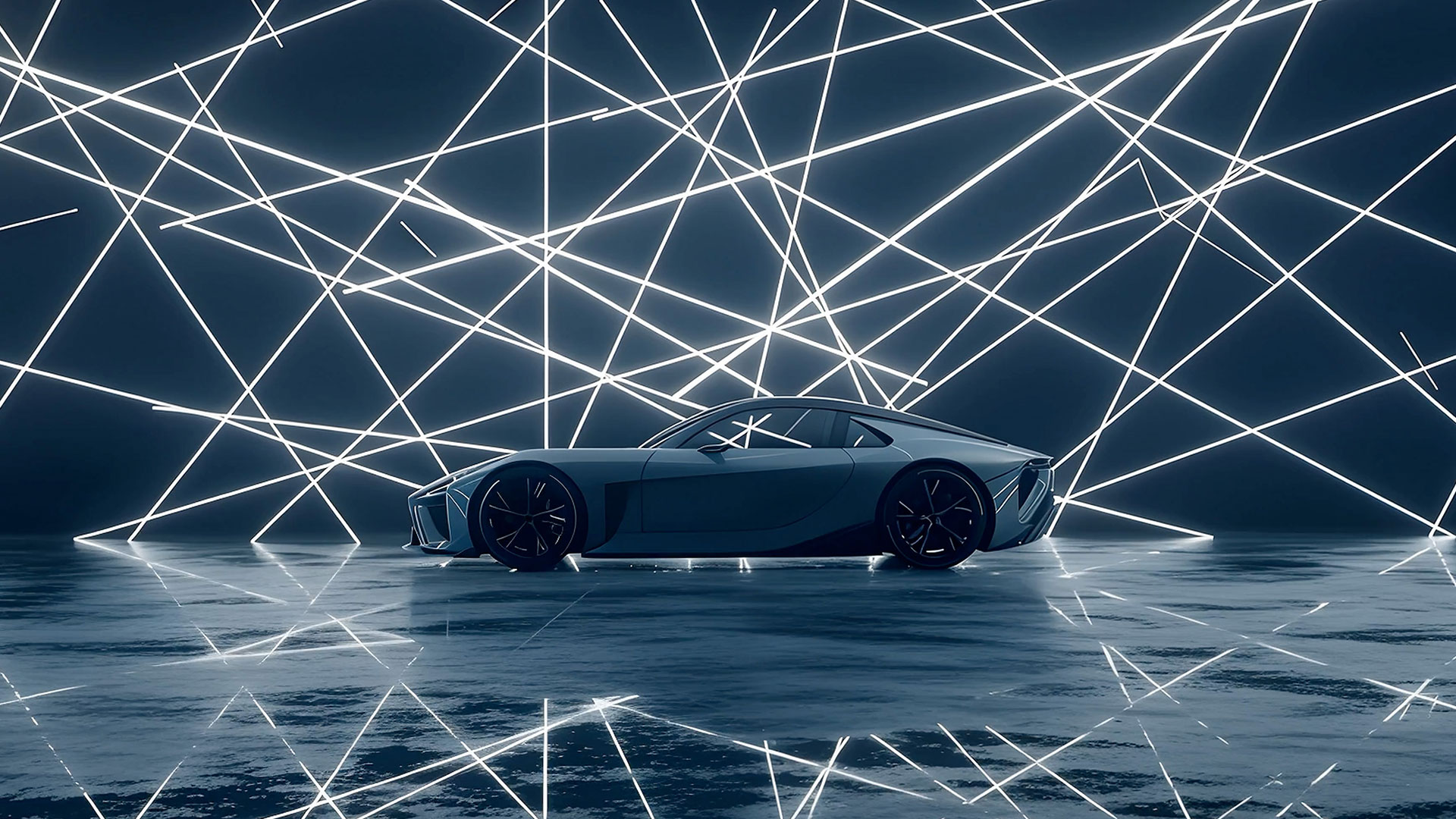 Lexus LFA Concept BEV sports car in side profile, displayed against a geometric light installation