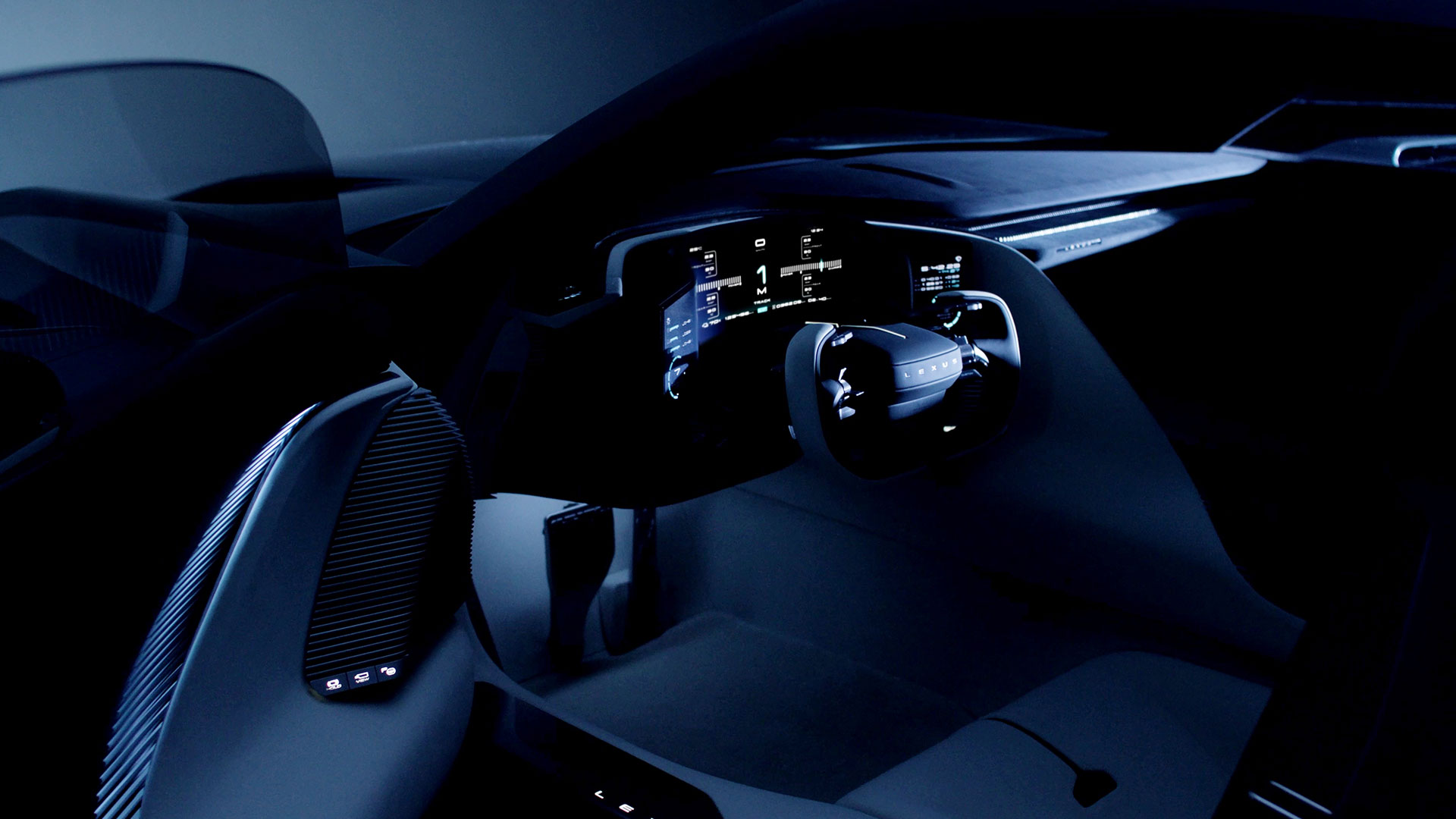 Interior cockpit of the Lexus LFA Concept featuring a minimalist driver-focused dashboard and steering wheel