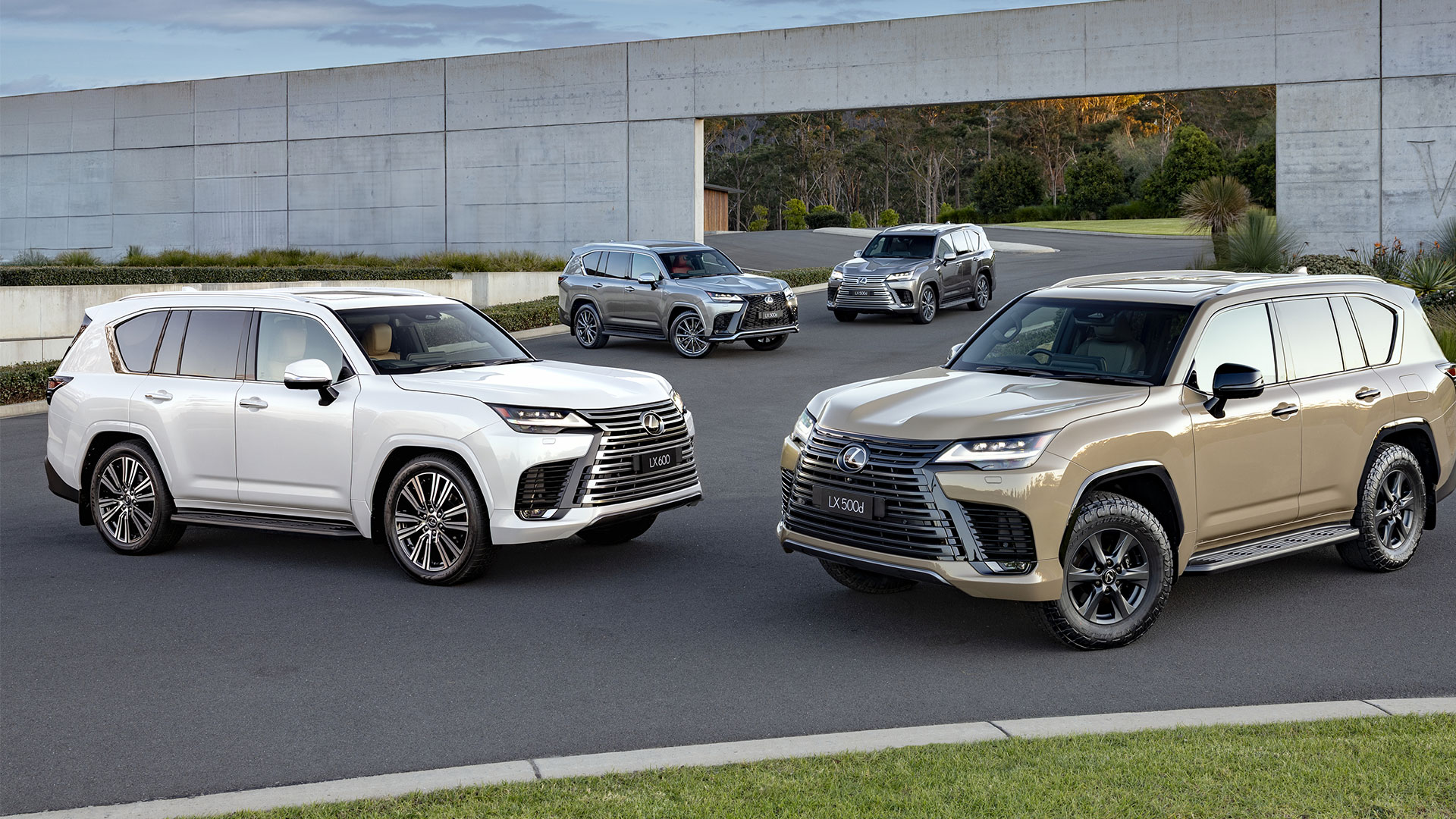Lexus LX SUV range, LX 500d and LX 600 models, including Overtrail grade, white, earth, silver and black, parked.